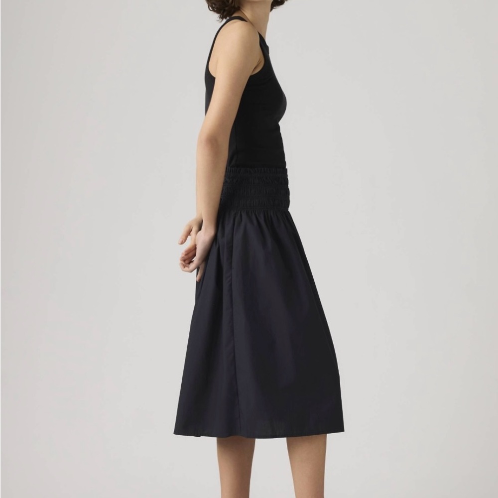 Smocked-Waist Black Midi Skirt
